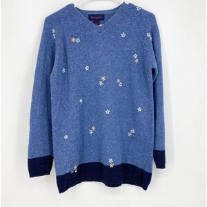 Vintage Denim & Co. Blue Ramie Wool Blend Long Sleeve Sweater Flowers 90s Size S